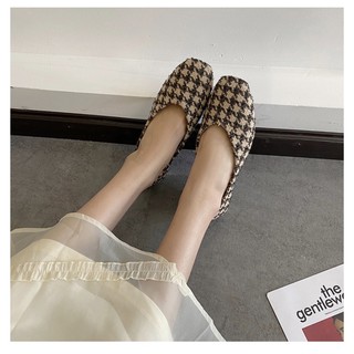 Giày búp bê đế bệt hài nữ kẻ caro đế trụ da lộn