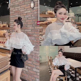 Set áo voan bèo tiểu thư xinh xắn phối chân váy ngắn công sở chữ a kèm logo DN834