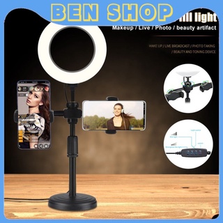 Đèn Livestream 3 in 1 Tích Hợp Giá Đỡ 2 Điện Thoại, Có 3 Chế Độ Sáng, Kẹp Điện Thoại Để Bàn Quay Video, Livestream