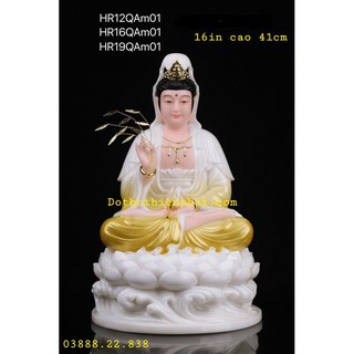 Tượng Quan Âm đá màu vàng 16in cao 41cm mẫu đẹp
