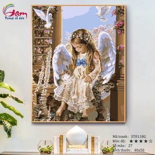Tranh tự tô màu theo số Gam Tranh thiên sứ Em bé ngồi bên cửa sổ mã ST0118G