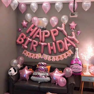 Bộ Bóng Chữ Happy Birthday Tông Hồng Tặng Kèm Hình Bánh Sinh Nhật, Chai, Cờ Giấy