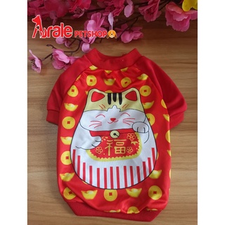 Áo thun Tết cho chó mèo hình ông thần tài, mèo thần tài