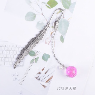 Combo 2 Bookmark Đánh Dấu Sách Lông Vũ Kim Loại Phối Quả Cầu Thủy Tinh Hình Hoa Khô Màu Hồng Đậm Và Xanh Dương