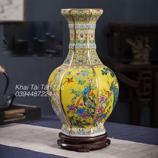 Bình hoa lục giác Càn Long Tứ Quý Cát Tường vàng giả cổ