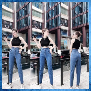 [Jeans nữ thiết kế] Quần bò trơn dáng baggy, quần jeans lưng cao túi chéo phối đai. Mã D5160