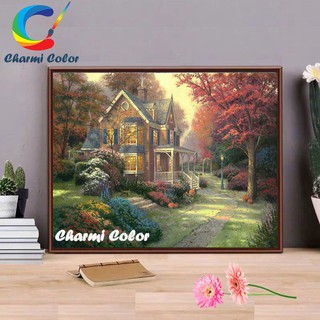 Tranh sơn dầu số hoá đã căn khung 40x50 cm 8079 Biệt thự trong rừng