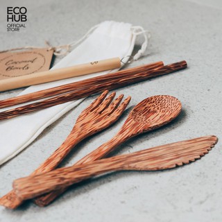 Set Dao, Thìa, Nĩa gỗ Dừa ECOHUB 16cm | EH044