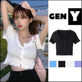 Áo Croptop Ngắn Tay Cổ Vuông GenY Ảo Kiểu Nữ Ôm Body Nút Phối Ren Chất Thun Gân Co GiảnThoải Mái