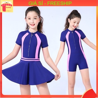 Đồ bơi bé gái 3-14 tuổi liền thân kèm chân váy, Bộ bơi cho bé cao cấp vải co giãn cực tốt