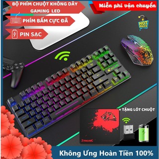 Bộ Bàn Phím Và Chuột Không Dây Gaming Có Đèn Led Pin Sạc T87 Tặng Kèm Lót Chuột Game, Combo Phím Chuột Cho Máy Tính