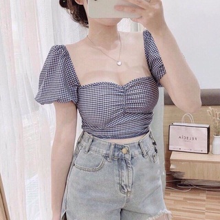 Áo crop nữ cổ vuông tay ngắn họa tiết sọc ca rô xinh xắn