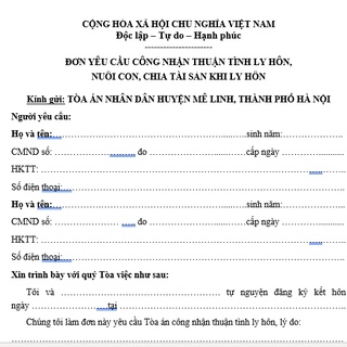 Mẫu đơn ly hôn thuận tình Tòa án nhân dân huyện Mê Linh, Hà Nội + Bản hướng dẫn viết đơn ly hôn, hồ sơ ly hôn