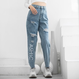 Quần baggy nữ ❤️ Quần jean cạp lưng cao in chữ ASHIC phối rách cá tính, chất bò dày dặn - QJ10