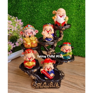 Bộ Ngũ Phúc 6cm kèm tượng Thần Tài ôm túi vàng và chân đế Phú Quý Bình An