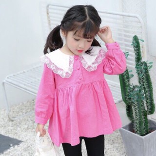 Bộ Quần Áo Dài Tay Bé Gái Chuột Lắc Store Kiểu Babaydoll Áo Đũi Cổ Phối Ren Và Quần Thun Ôm 8Kg Đến 22Kg(Màu Hồng)