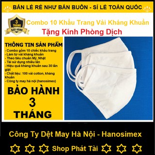 10 Khẩu Trang Vải Kháng Khuẩn - Tái Sử Dụng Sau 30 Lần Giặt - Khẩu Trang Hanosimex - Tặng Kèm Kính Phòng Dịch