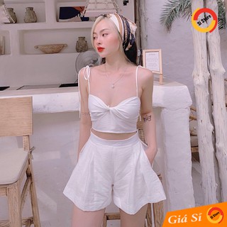 Set Áo Dây Xoắn Ngực + Quần Ống Rộng (TRẮNG+XANH)