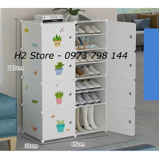 TỦ ĐỂ GIÀY DÉP BẰNG NHỰA THÔNG MINH 2 Ô TO + 12 Ô NHỎ (chia ô) BỘ TRẮNG CHẬU HOA MINI