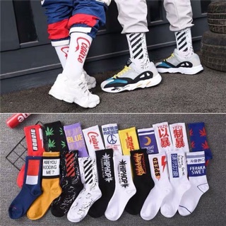 Vớ Nam cao cổ Unisex Cá tính Offwhite Cocaine Chữ lửa - Tất cao cổ nam nữ co giãn họa tiết hình thù độc đáo
