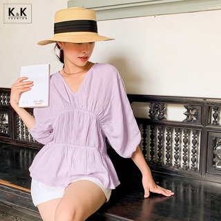Áo Kiểu Cổ V Cách Điệu Bo Chun K&amp;K Fashion ASM09-05 Tay Phồng Chất Liệu Tơ Xốp
