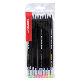 Bộ 10 cây bút chì gỗ STABILO Swano 4918 2B thân đen, đầu tẩy xanh/hồng x 3 + cam/vàng x 2 (PC4918-C10)