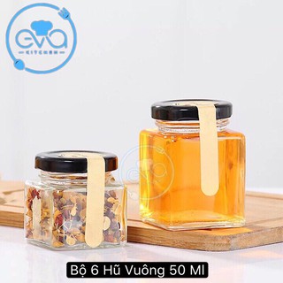 Bộ 6 Hũ Thủy Tinh Vuông Nắp Vặn Dung Tích 50 Ml