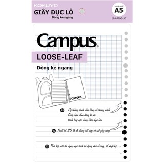 Giấy Refill thay lõi cho sổ còng Binder Campus Loose Leaf dòng kẻ ngang khổ A5 (Túi 50 tờ đơn)