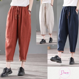 Quần đũi nữ dáng baggy lưng cao phối dây chun Unisex - Màu Trắng Than Cam Nâu - vải đũi xước - Phong cách Ulzzang