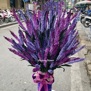 Cành hoa oải hương lavender giả nhân tạo dài 60cm 12 hoa loại lá nhọn đậm cắm chậu trang trí tuyệt đẹp