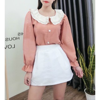 Áo Kiểu Nữ Dài Tay, Đính Khuy Bọc, Cổ Sen Tiểu Thư Xinh Xắn