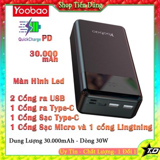 Pin sạc dự phòng 30.000mAh yoobao Công nghệ sạc nhanh 2 chiều PD3.0 (PPS) 18W; 3 cổng vào: micro- USB, Lightning, Type-C
