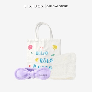 [HB gift] Combo Khăn mặt Cotton Lixibox Màu Trắng, Túi Tote - New design Halio, Băng Đô Rửa Mặt Halio - Purple