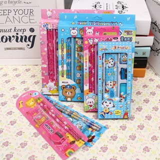 SET BỘ DỤNG CỤ HỌC TẬP 9 MÓN HÌNH GẤU XANH &amp; THỎ HỒNG DÀNH CHO BÉ