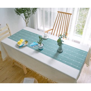 Khăn trải bàn đẹp Landecor mẫu ô vuông nhỏ nền trắng sọc xanh bắt mắt - TB442