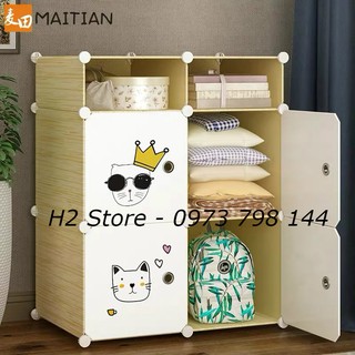 TỦ NHỰA LẮP GHÉP 4 Ô + 2 Ô NHỎ VÁCH GỖ VÀNG CỬA TRẮNG MÈO VUA sâu 37cm