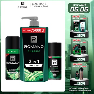 Combo 3 Romano: Tắm gội 2 trong 1 Classic 900G + Xịt toàn thân Classic 195ml + Lăn khử mùi Classic 50ml