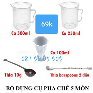 Bộ 5 món dụng cụ pha chế: Ca đong 500ml, ca 250ml, ly 100m, thìa 10g, Bar spoon 26cm