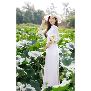 Áo dài trắng truyền thống 4 tà may sẵn vải lụa tằm cao cấp 2 lớp dày dặn giá rẻ đẹp