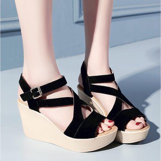 Giày Sandal cao gót đế xuồng 9cm bản đen 2 dây chéo to __LZ153