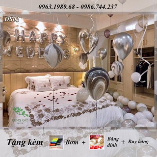 Set bóng Happy Wedding và Happy Birthday tông màu bạc &amp; vàng giống y hệt ảnh