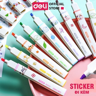 Bút highlight kèm sticker Deli - nhấn dòng macaron dạ quang - hộp 6 chiếc - S743 / S742 / S741