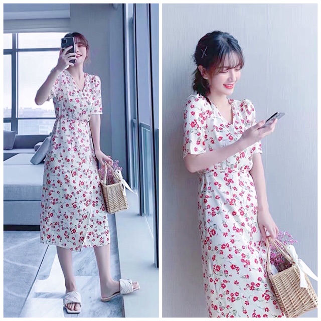 Đầm maxi hoa đỏ xẻ tà, váy du lịch, đi biển (kèm hình thật)