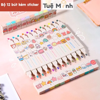 Bộ 12 bút highlight 2 đầu thân vuông màu Pastel HI06 Light Color kèm sticker, bút dạ quang đánh dấu