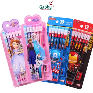 SET 12 BÚT CHÌ GÔM TẨY + ĐỒ CHUỐT ELSA + CAPTAIN AMERICA + IRON MAN + SOFIA