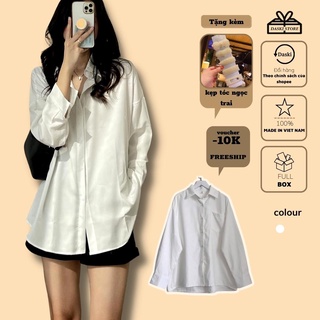 Áo dài tay trắng, Áo sơ mi trơn cổ bẻ túi ngực dáng suông đơn giản unisex Daski