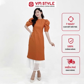 [Mã AFF22MALL30K giảm 30k đơn 99k] Áo dài cách tân VM STYLE thiết kế eo tàu tay bồng phối chân váy xếp ly - 21AD12KI1602