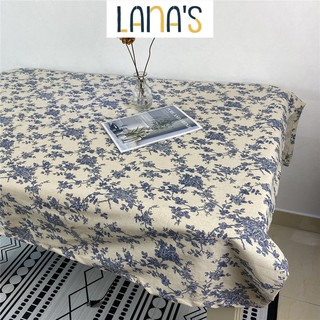 Khăn Trải Bàn Vải Canvas Hoa Xanh Vintage Viền Ren