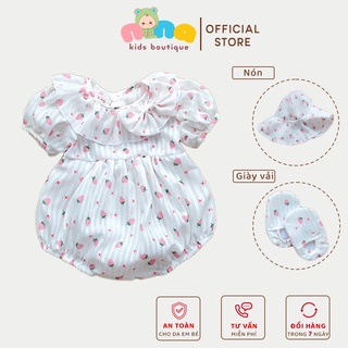 Body dâu tây cho bé gái sơ sinh Màu trắng dâu hồng Size từ 0 đến 24 tháng Tặng kèm nón và giày vải Nina Kids Boutique