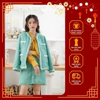 Áo khoác dạ tweed xanh nữ hàng thiết kế cao cấp cúc ngọc viền trắng riềm 6SIX Closet